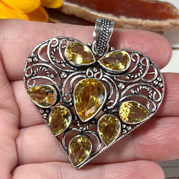 Heart Pendant Citrine Large Handmade Gemstone 924 Stamped Bohemian Sparkler New! - Picture 5 of 13